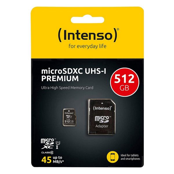 <transcy>Carte mémoire Micro SD avec adaptateur INTENSO 3423493 512 Go 45 Mo/s</transcy>