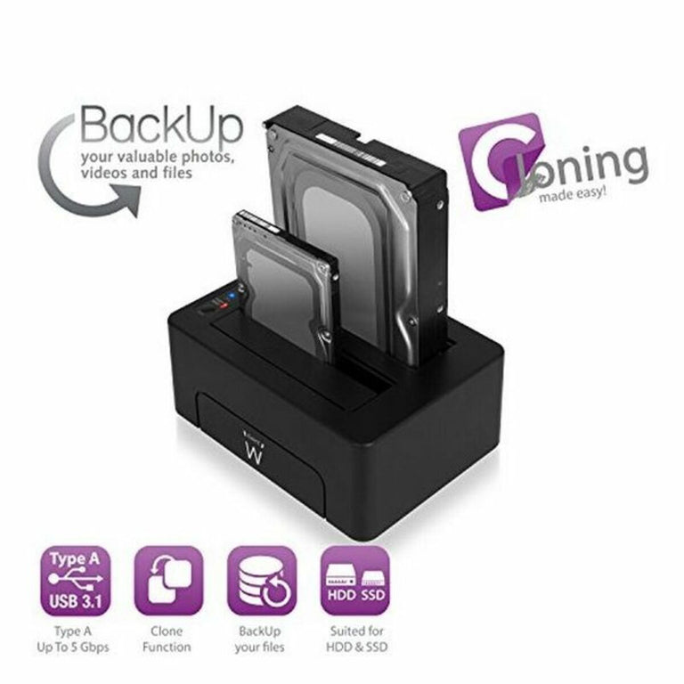 <transcy>Dock Station Dual Ewent AAACET0186 Dual 2.5 "-3.5" USB 3.1 ABS Noir</transcy>