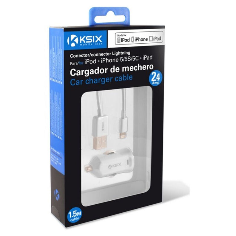 Cargador USB para Coche + Cable Lightning MFi KSIX 2.4 A Blanco