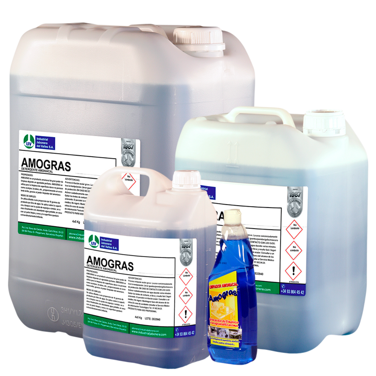 Amogras. Detergente Amoniacal Multiusos Alto rendimiento. 5/10/25 y 15x750 ml